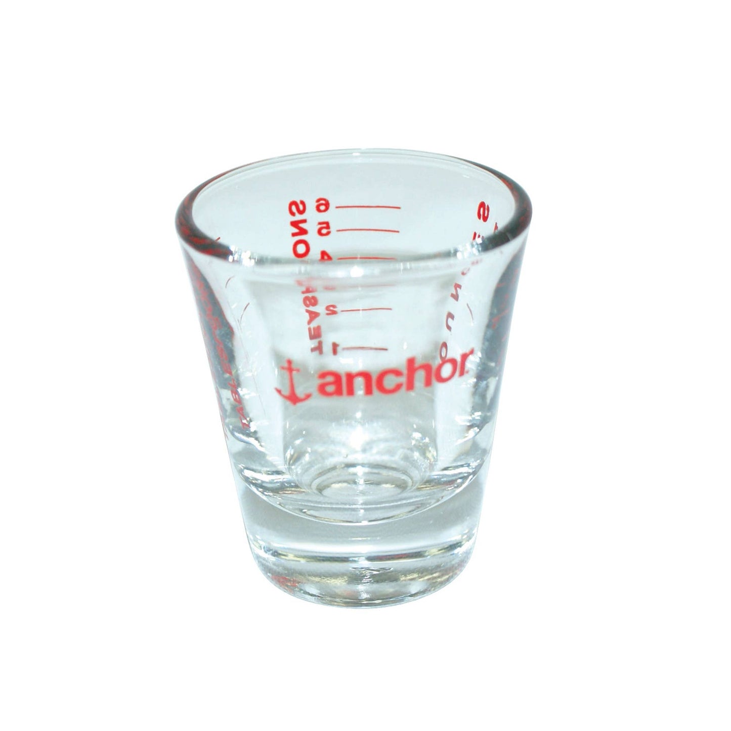 Clear measuring glass with red text and 'anchor' branding on a white background