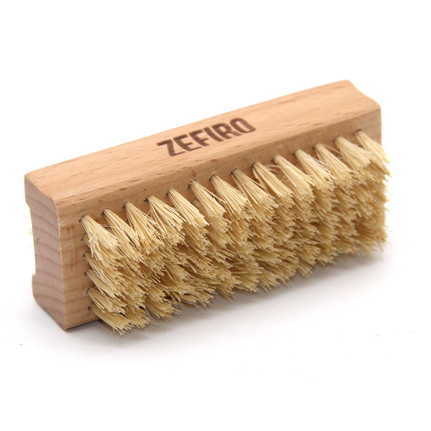 Wooden brush with natural bristles on a white background, branded 'Zefiro'.