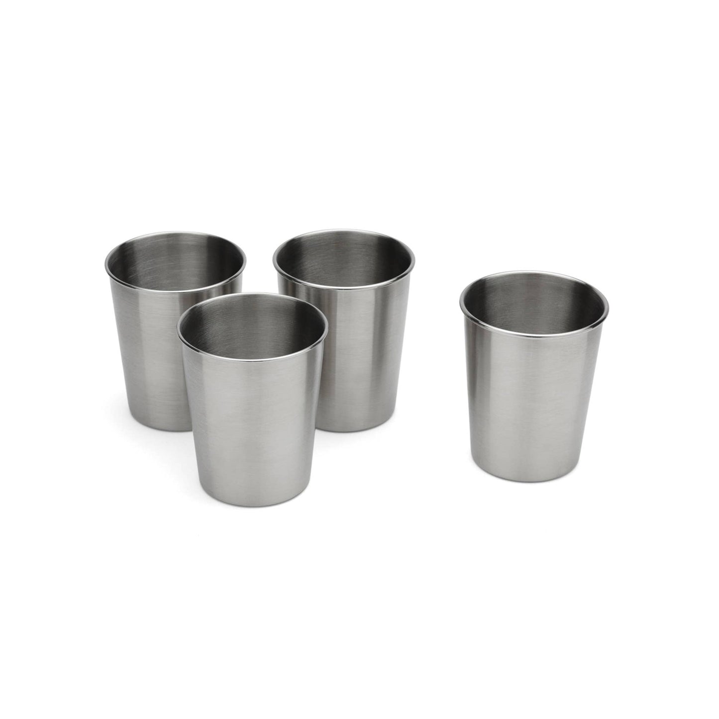 Four stainless steel cups on a white background