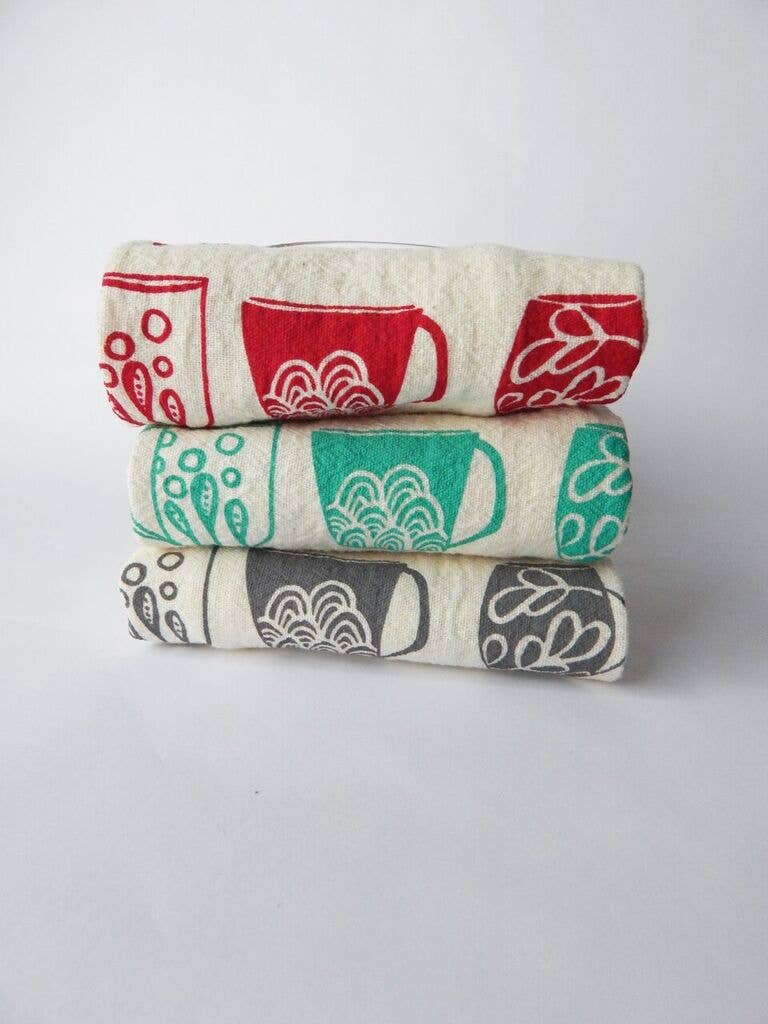 Mug Kitchen Towel, Handprinted Tea Towel, Coffee Mug Print