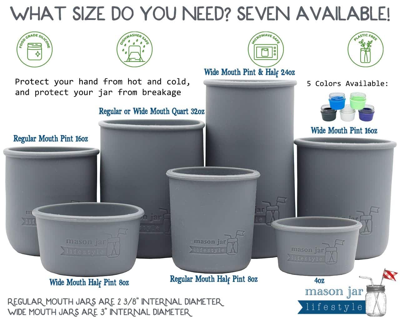 Set of gray mason jar lids in various sizes with product details on a white background.