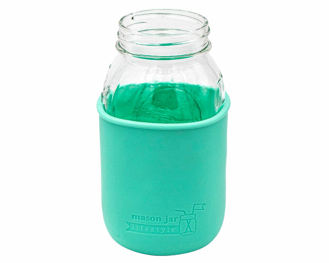 Glass mason jar with a teal silicone sleeve on a white background