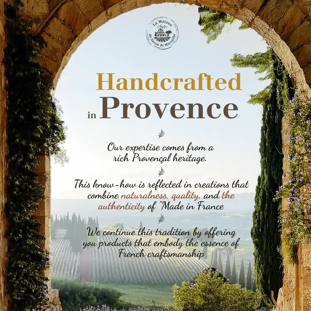 Advertisement for 'Handcrafted in Provence' with a scenic background and text.