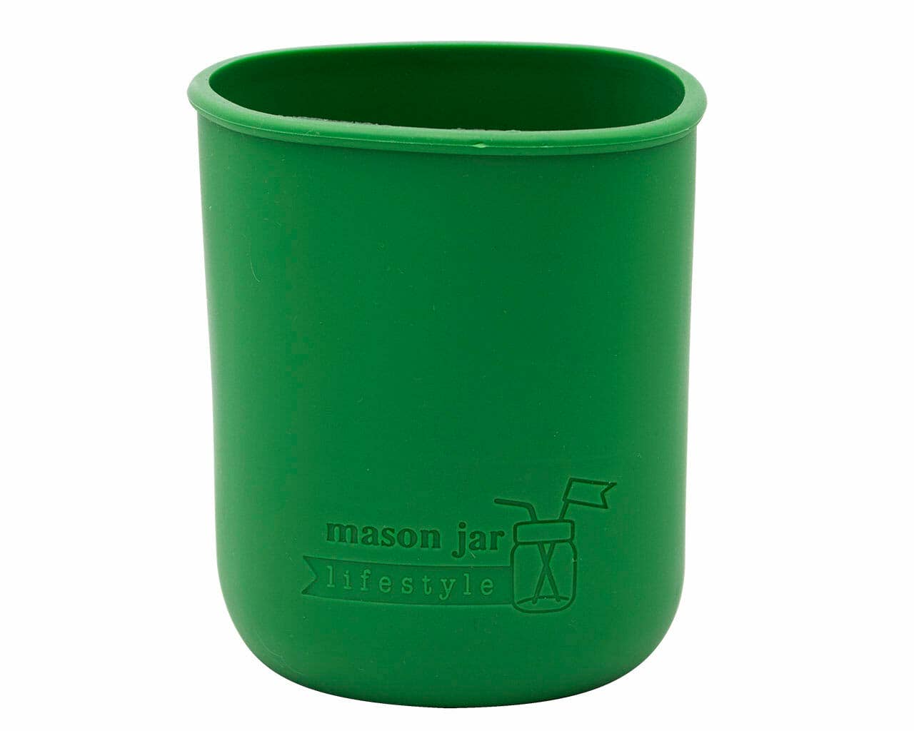 Green reusable cup with 'mason jar lifestyle' branding on a white background