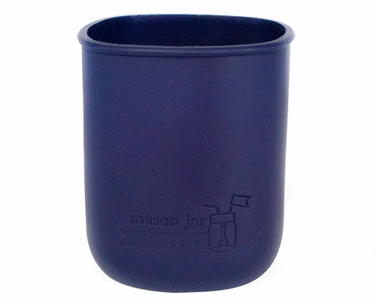 Blue silicone cup with 'mason jar' branding on a white background