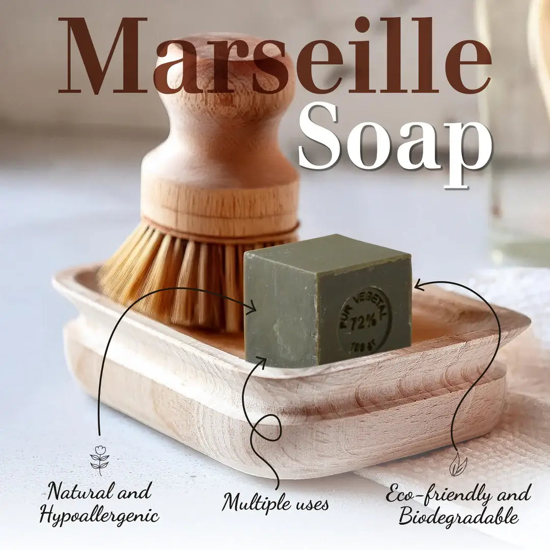 Marseille Soap with a wooden brush and soap dish on a light background