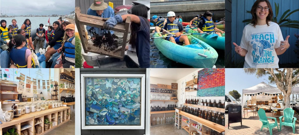 Collage of images including people on a boat, a person with a fish, a mosaic artwork, and a store exterior.