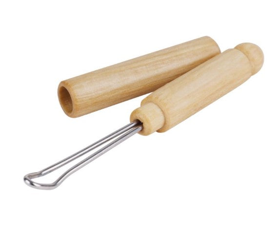 Wood holder with stainless steel curved wand for ear cleaning. Shown with lid off.