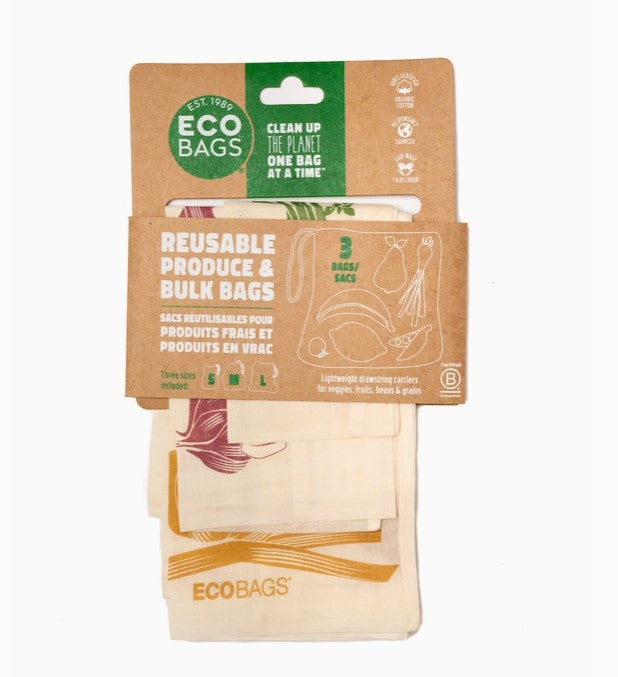 Cardboard packaging with a set of 3 reusable produce bags. Each bag is a light cotton gauze with a printed image. 3 pack includes a small, medium, and large bag.