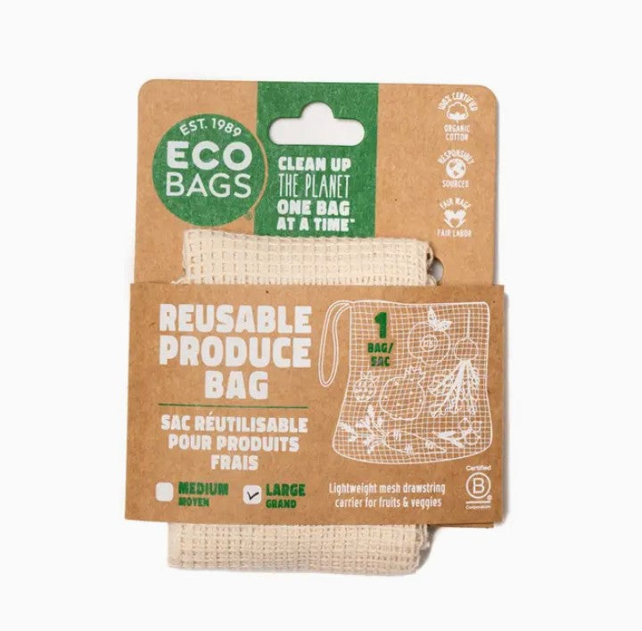 Cardboard packaging holding a large cotton mesh produce bag. Bags are natural color with an open weave.