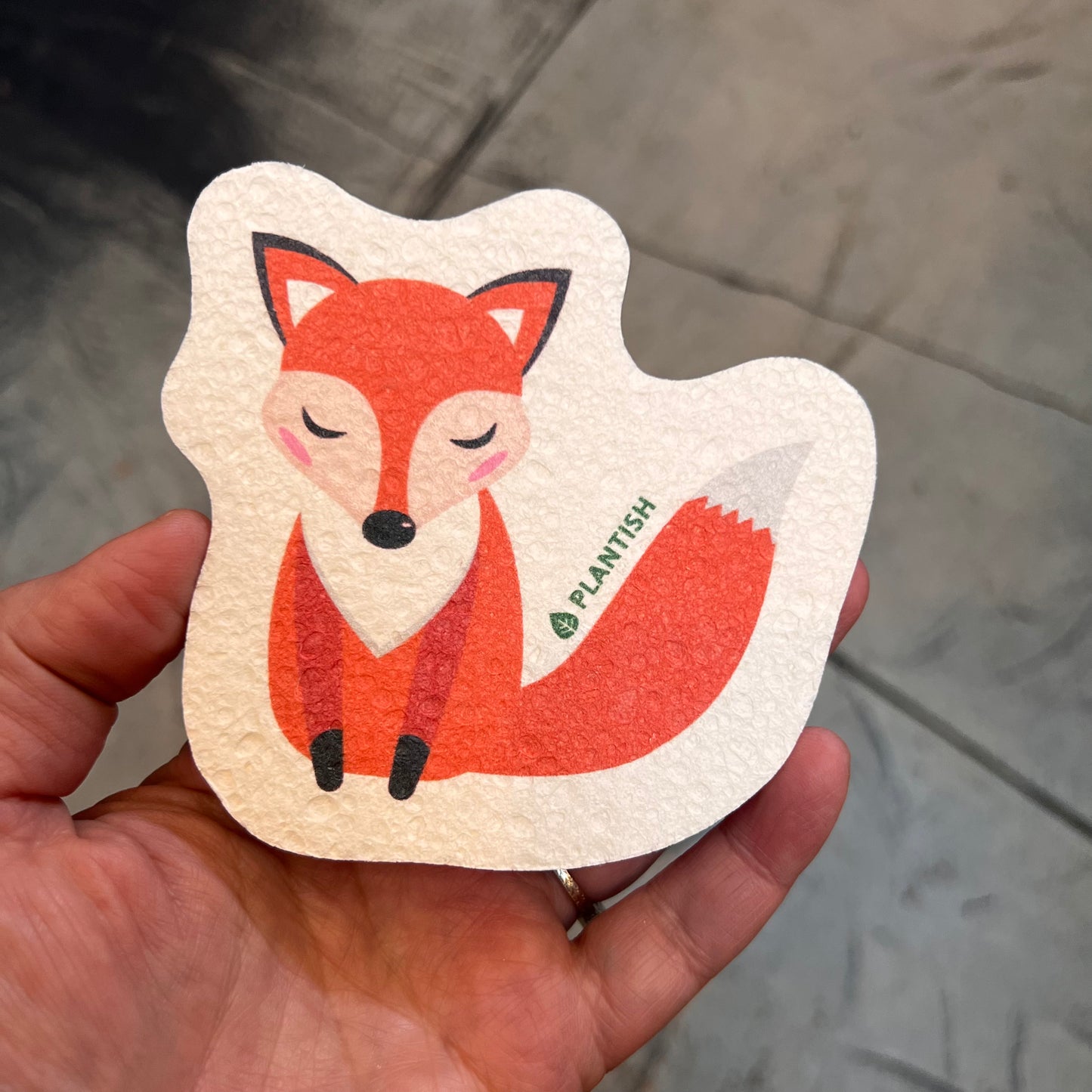 hand holding sponge: fox pattern