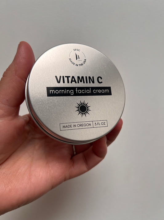 Round metal tin with label showing the Vitamin C Facial Cream