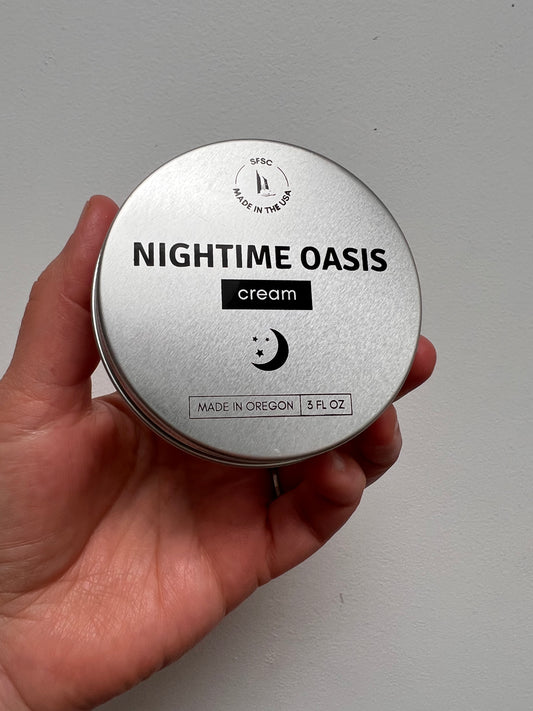 Metal tin showing product name Nighttime Oasis Cream 3 ounces