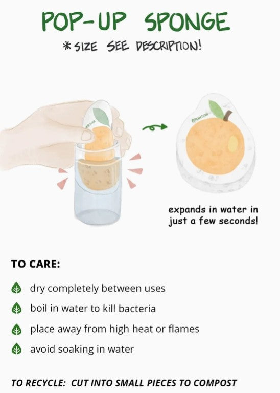 graphic instructions for using pop-up sponge. Dry completely between uses, boil in water to kill bacteria, place away from heat, avoid soaking in water, compost after use