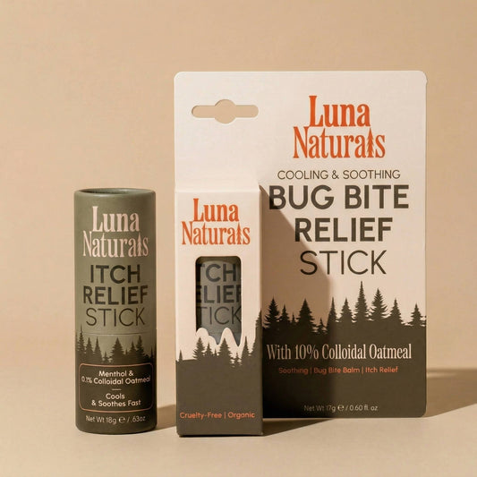 Luna Naturals bug bite relief stick packaging on a beige background