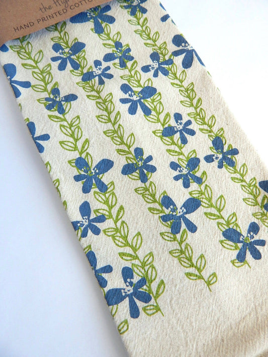 Floral Kitchen Towel, Handprinted Towel, Floral Vine