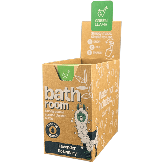 Box of Green Llama bathroom biodegradable surface cleaner refills with green label on a white background