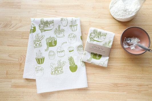Succulents Kitchen Towel, Handprinted Tea Towel, Plant Print