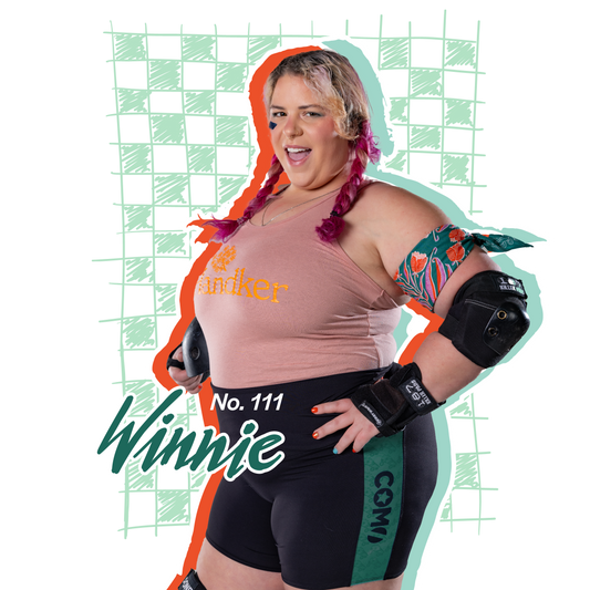 Woman in athletic wear with 'Winnie' branding on a checkered background