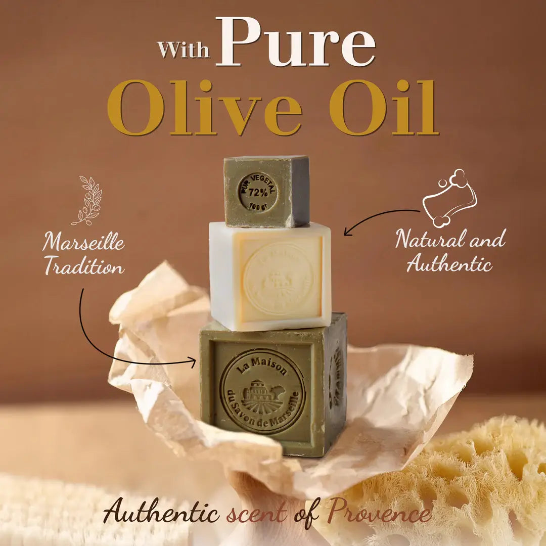 Three bars of soap stacked with text highlighting 'Pure Olive Oil', 'Marseille Tradition', 'Natural and Authentic', and 'Authentic scent of Provence' on a brown background.
