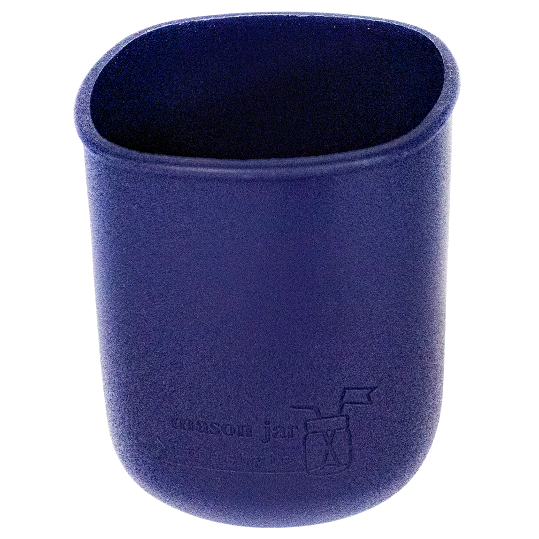 Blue silicone cup with 'mason jar' branding on a white background