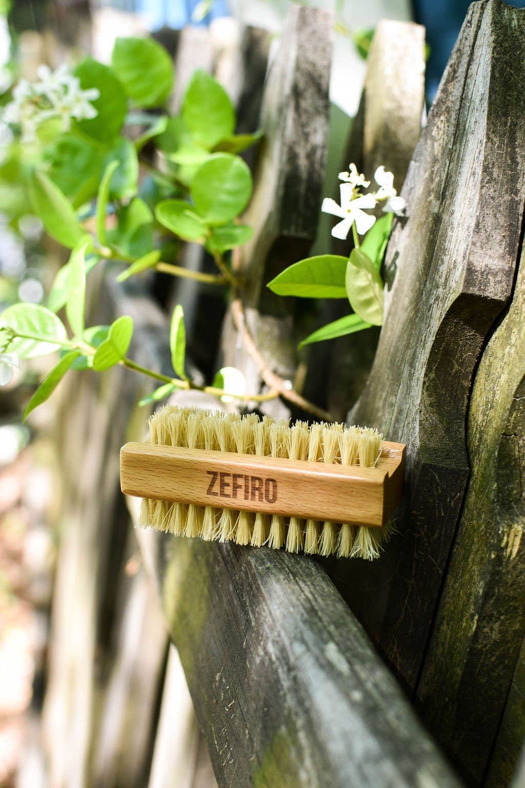 Brassiere brush with 'Zefiro' branding on a wooden surface with greenery in the background