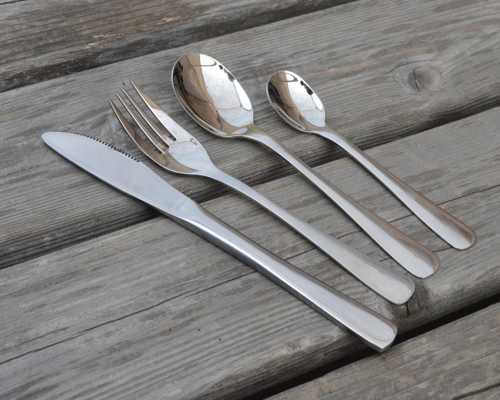 Set of 4 stainless steel utensils including a butter knife, fork, spoon, and coffee spoon