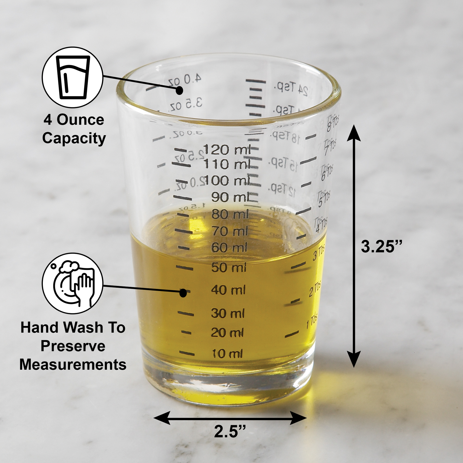 Glass measuring cup with liquid, showing capacity, dimensions, and washing instructions on a gray background.