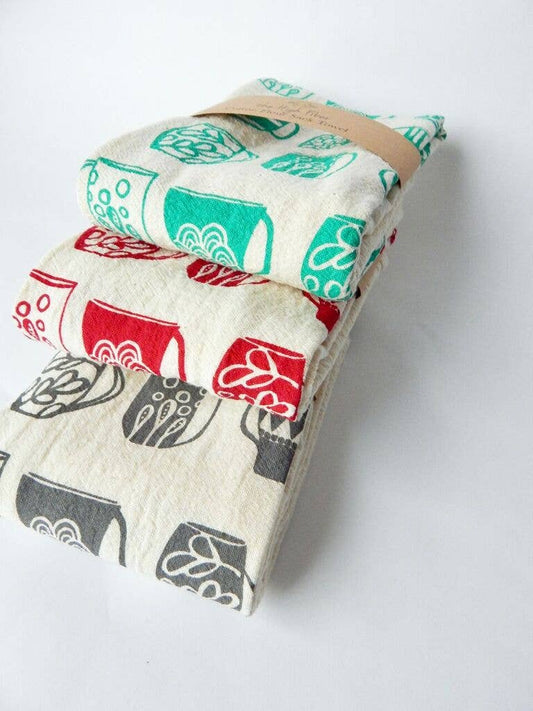 Mug Kitchen Towel, Handprinted Tea Towel, Coffee Mug Print