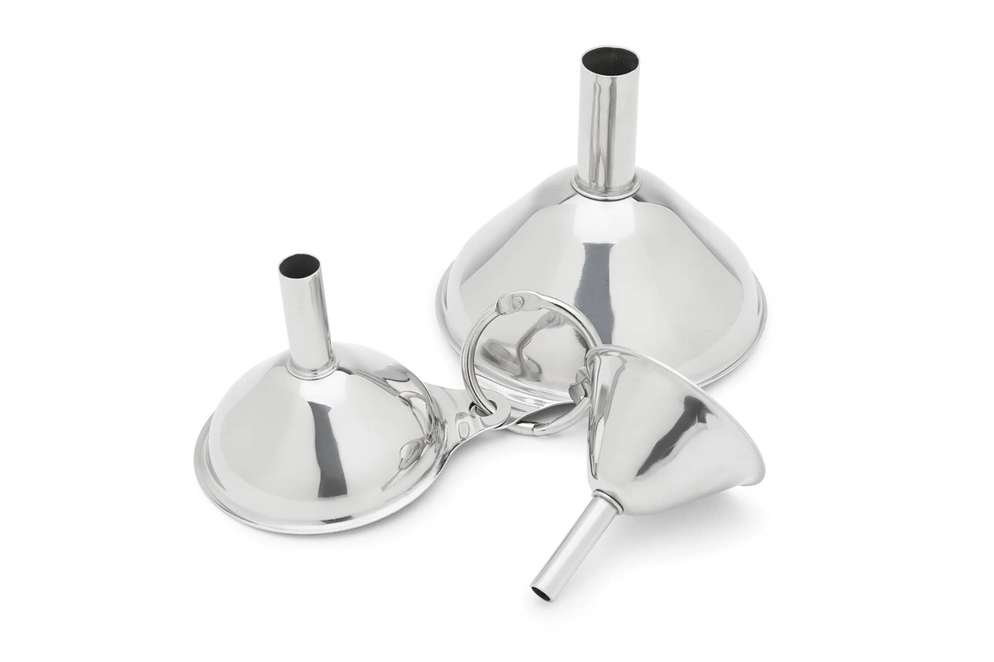 Three silver funnels on a white background