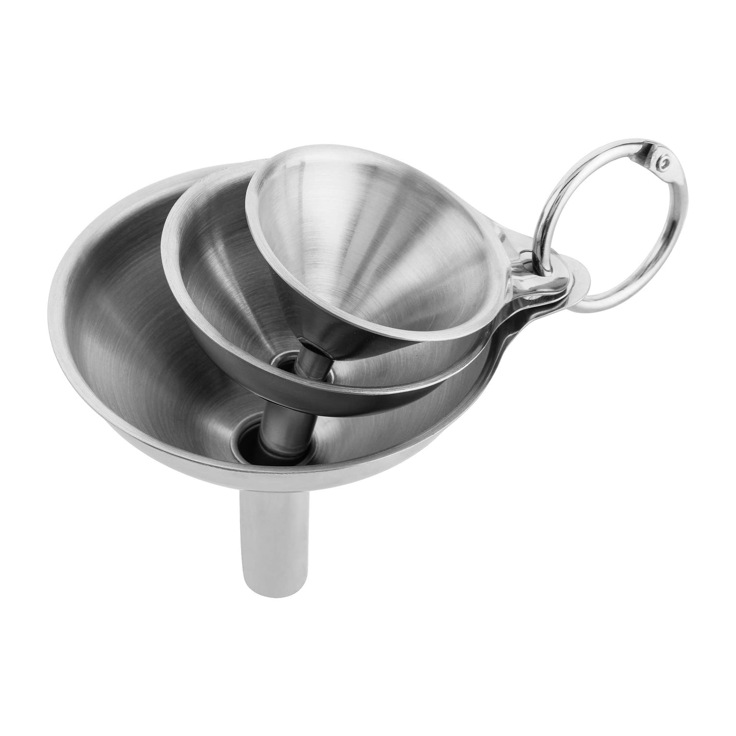 Stackable stainless steel funnels on a white background