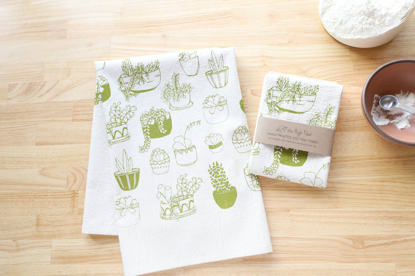 Succulents Kitchen Towel, Handprinted Tea Towel, Plant Print