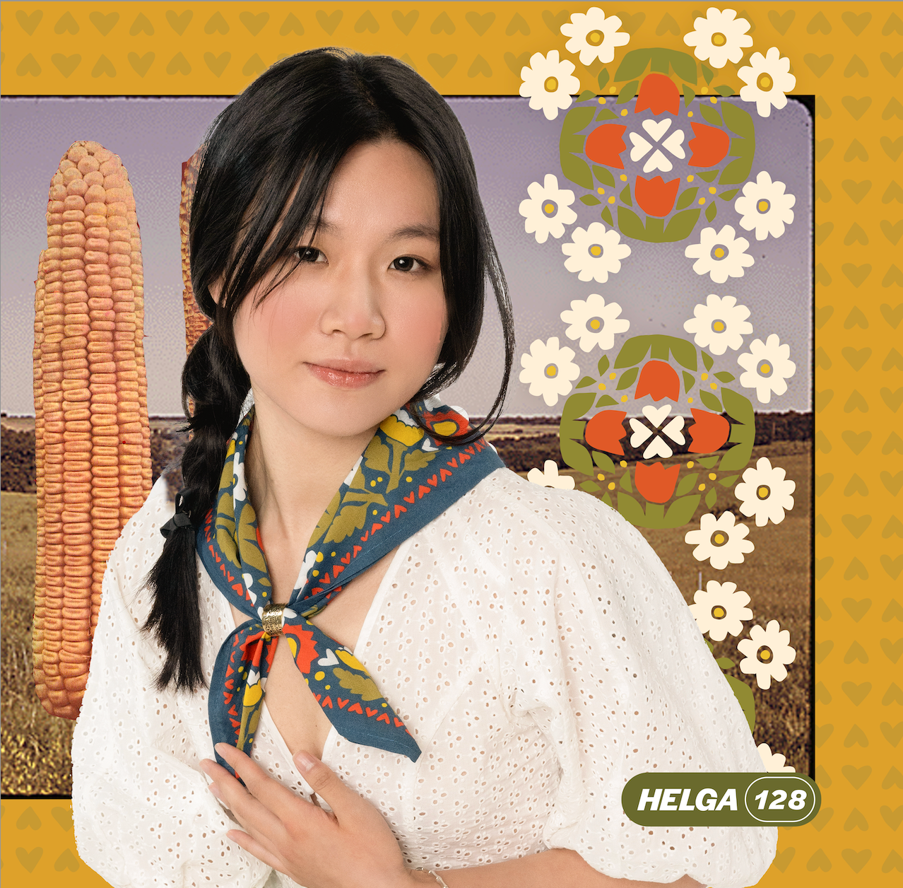 Woman wearing a patterned scarf with a decorative background featuring corn and flowers.