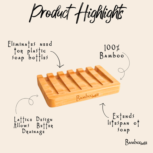 Bamboo soap dish with features listed on a beige background