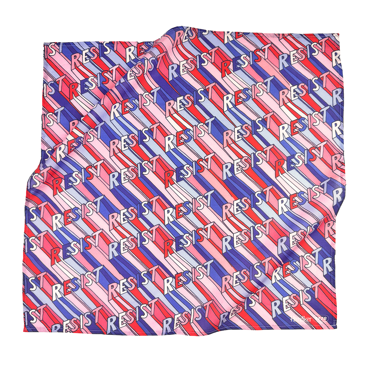 Patterned fabric with 'RESIST' text in red, blue, and white on a white background