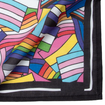 Colorful abstract patterned fabric with a black border