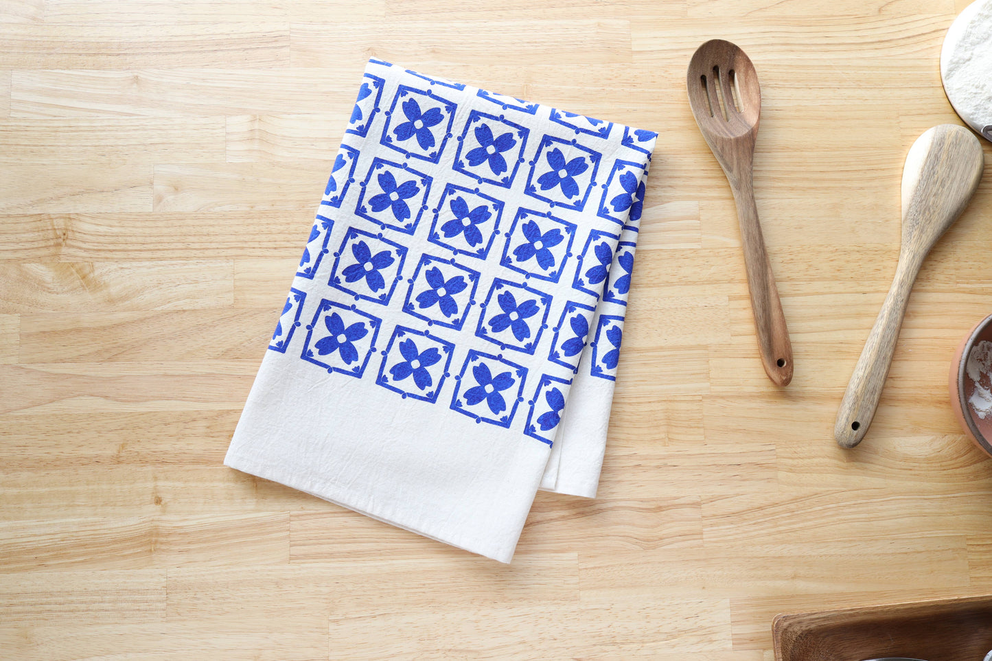Blue Floral Tile Kitchen Towel, Hand Printed