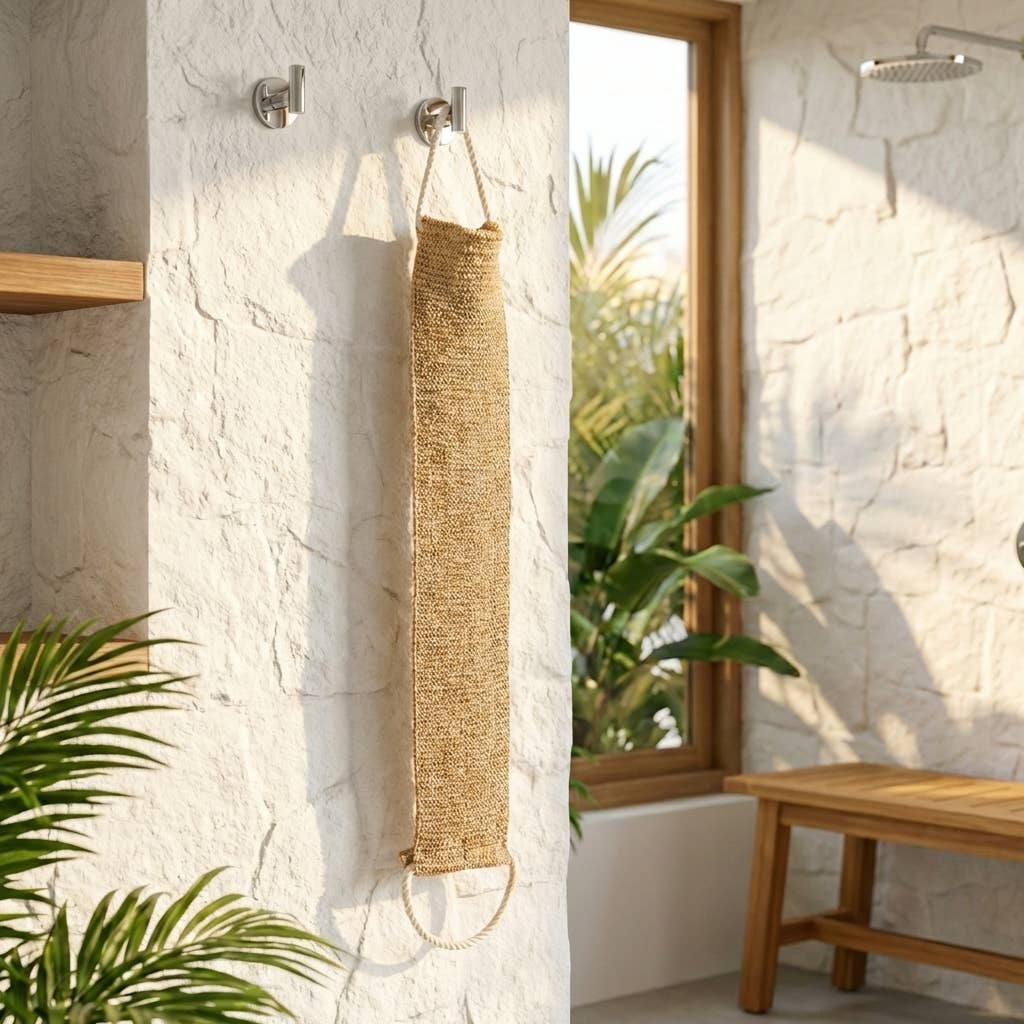 Jute wall hanging on a stone wall with a window and bench in the background