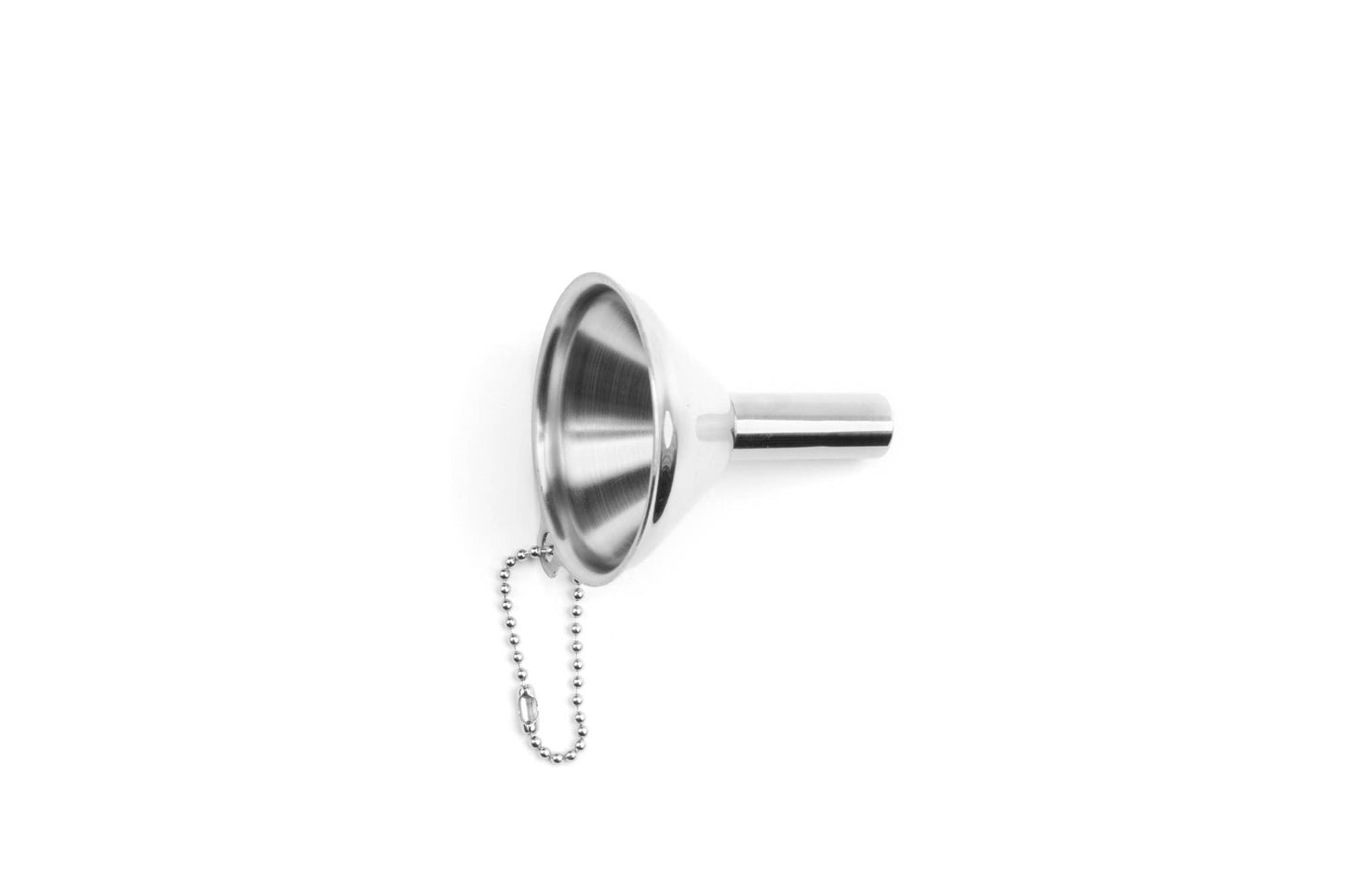 Metallic funnel with a chain on a white background