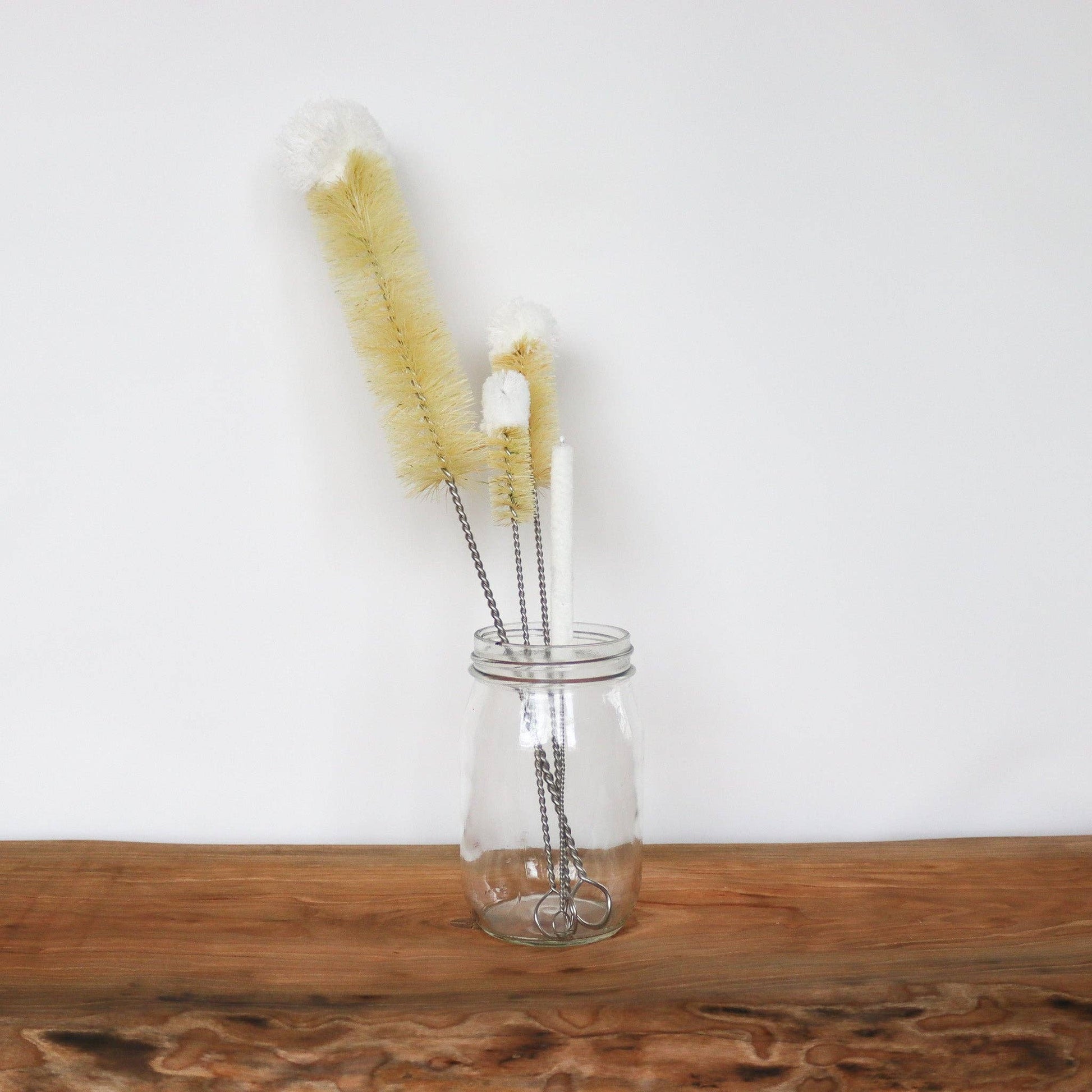 Clear glass jar with cleaning brushes on a wooden surface and white background