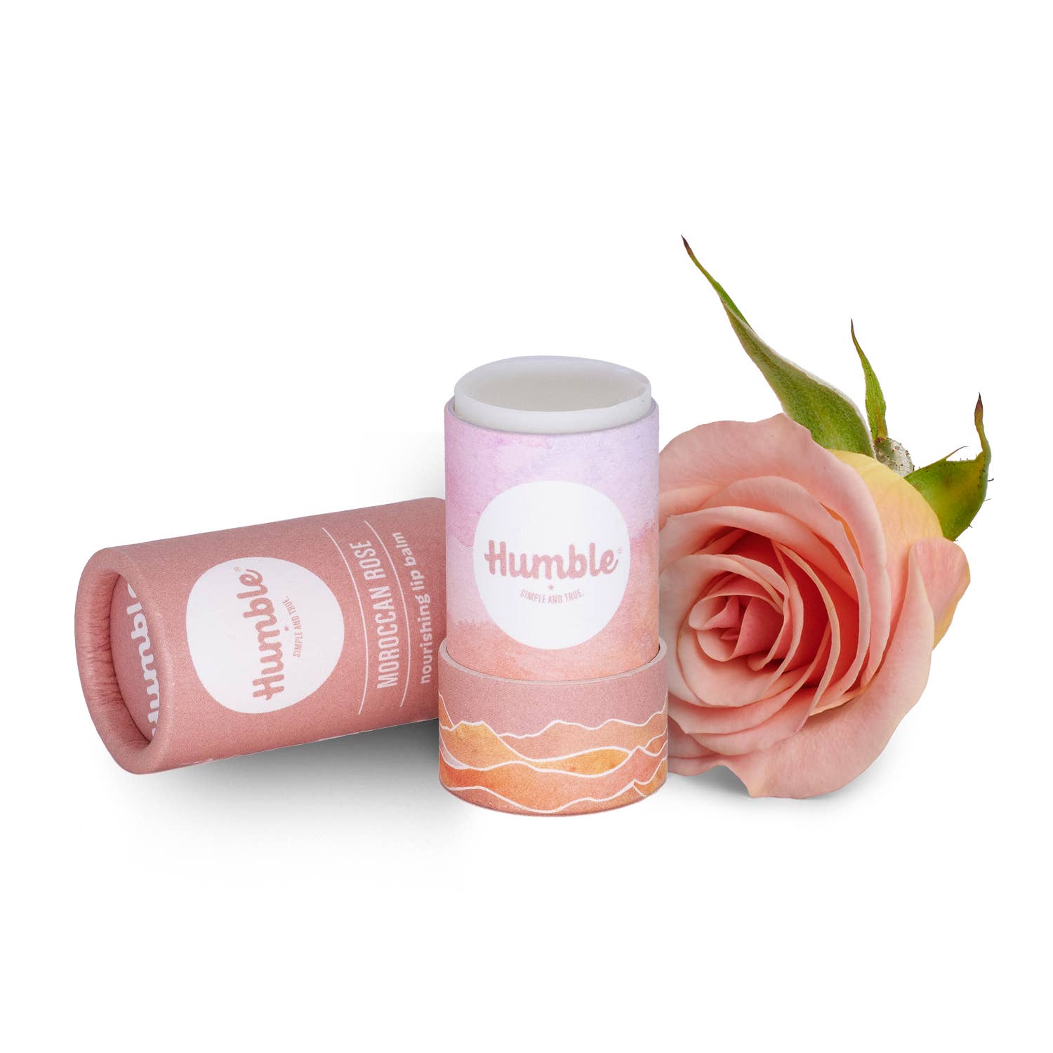 Humble brand lip balm with a pink rose on a white background