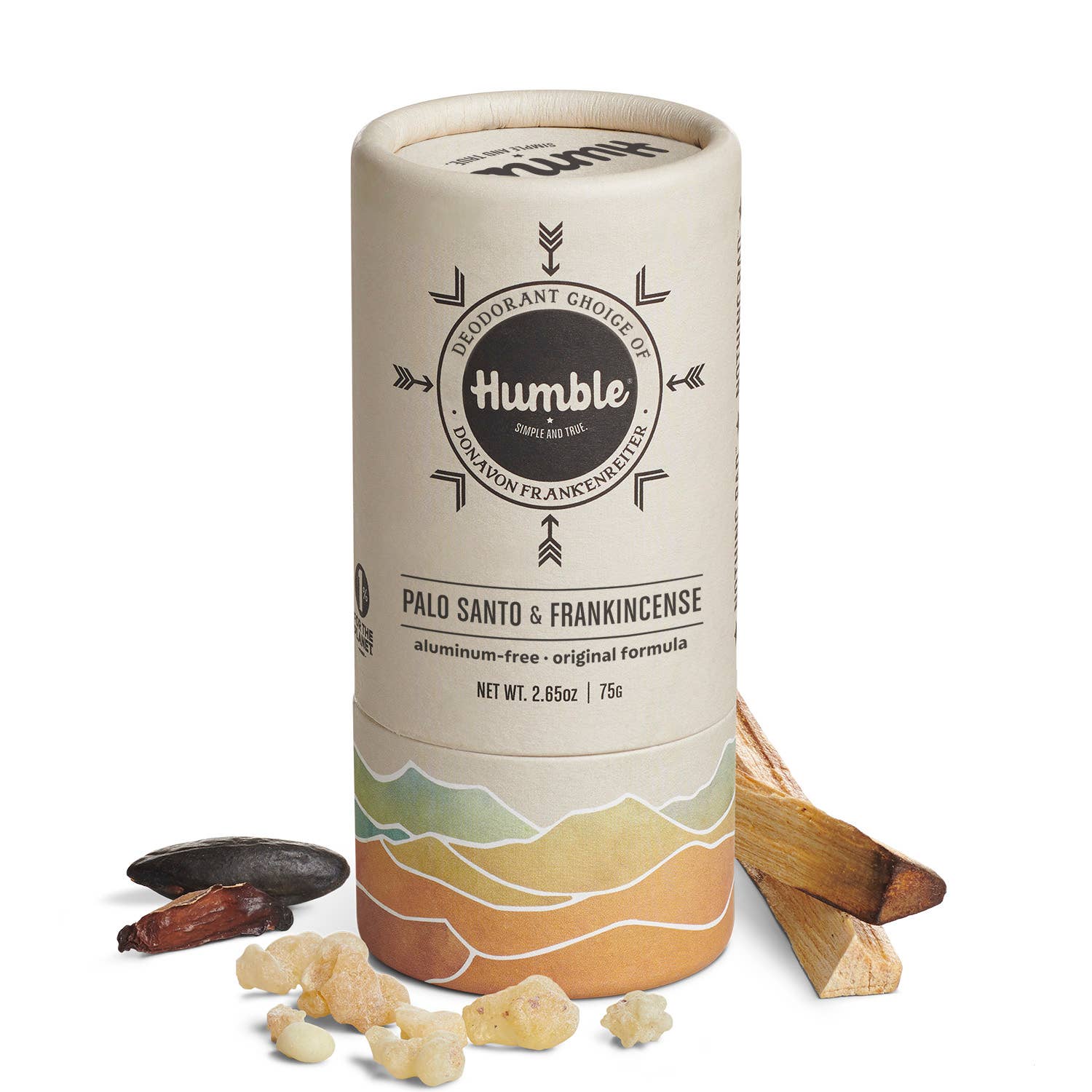 Humble Palo Santo & Frankincense product packaging with incense sticks and resin on a white background