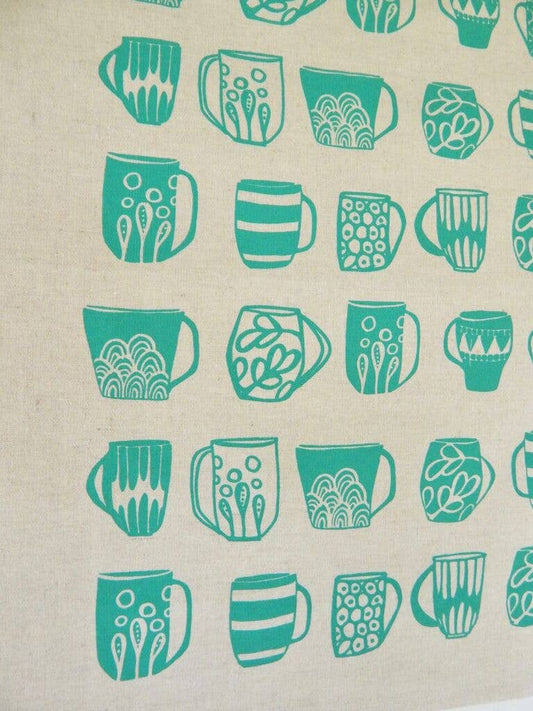 Mug Kitchen Towel, Handprinted Tea Towel, Coffee Mug Print
