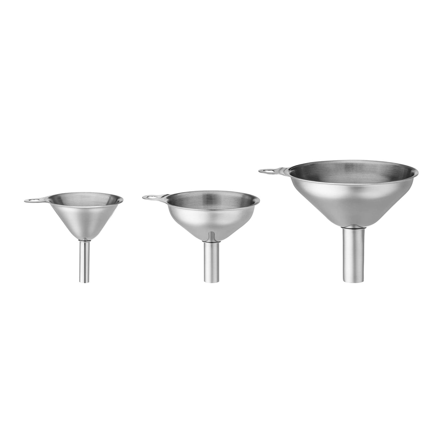 Three stainless steel funnels of different sizes on a white background