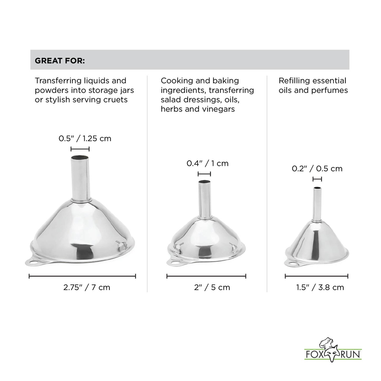Fox Run Stainless Steel Funnel, Set 3, 1.5", 2", and 2.75"