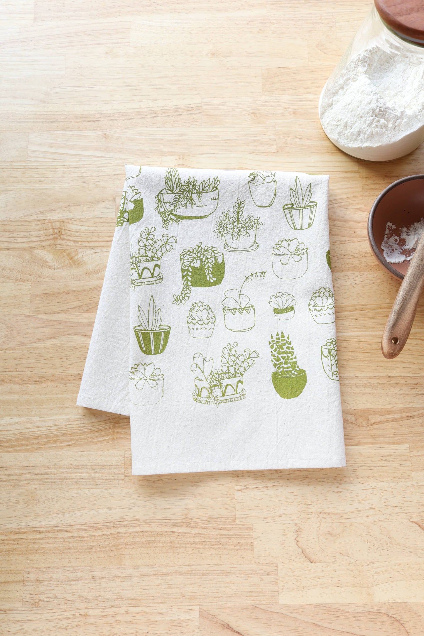 Succulents Kitchen Towel, Handprinted Tea Towel, Plant Print
