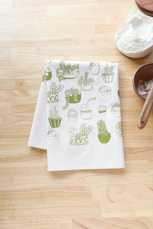 Succulents Kitchen Towel, Handprinted Tea Towel, Plant Print