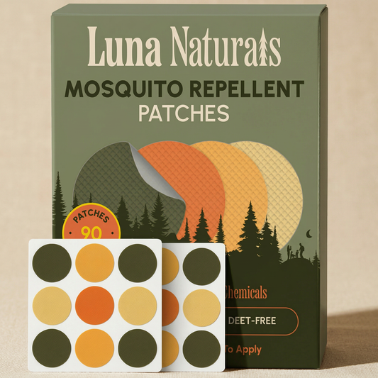 Luna Naturals mosquito repellent patches packaging with patches displayed in front.