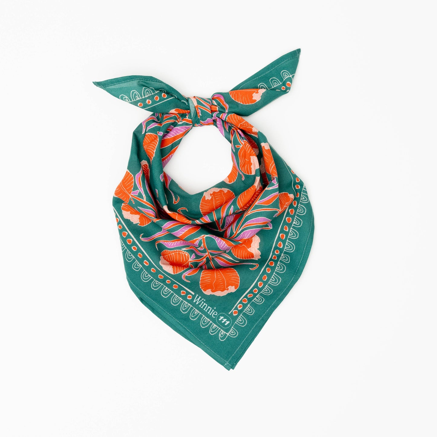Green bandana with orange and pink floral pattern on a white background