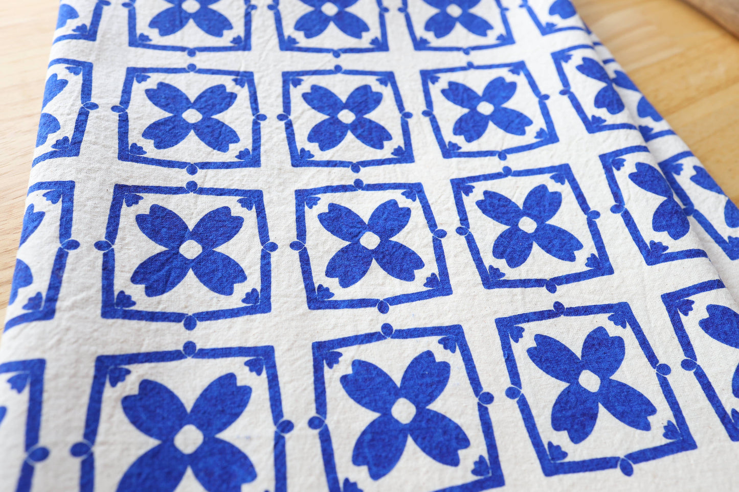 Blue Floral Tile Kitchen Towel, Hand Printed